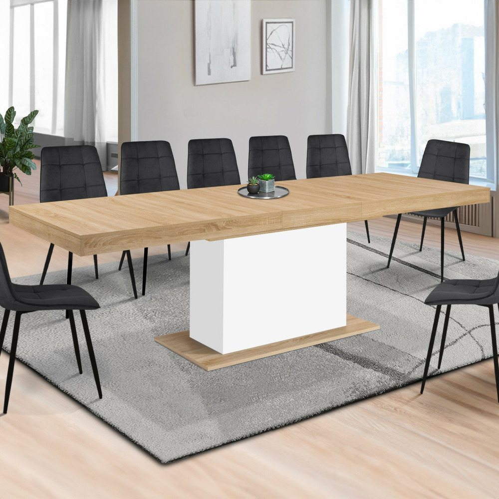 Table à manger extensible rectangle eden 8-12 personnes bois et blanc 200-250 cm