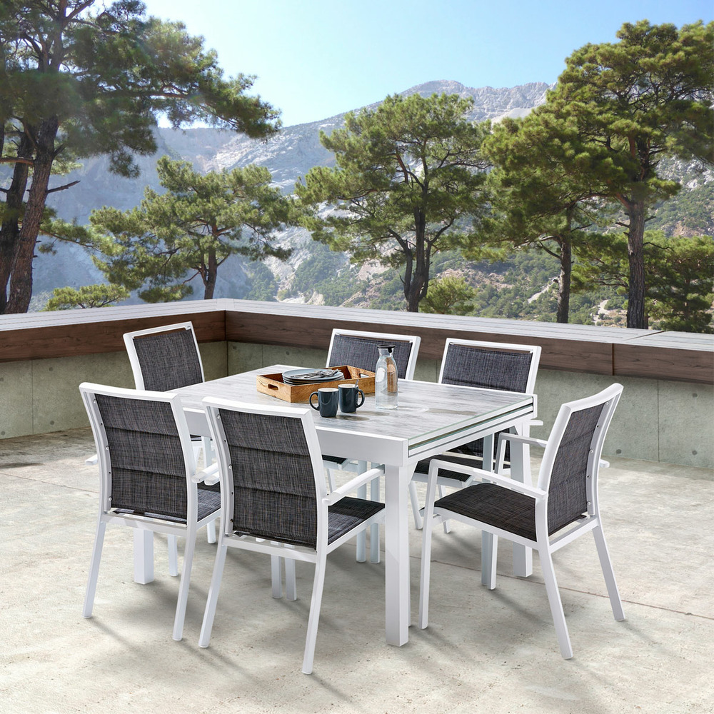 Ensemble modulo 6/10p en aluminium blanc et verre décors bois avec 6 fauteuils en textilène