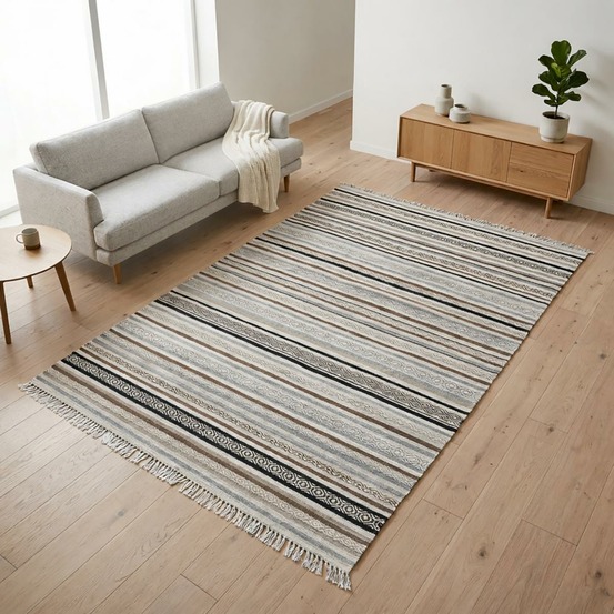 Tapis kilim 160x230 rectangle fait à la main en laine beige et marron
