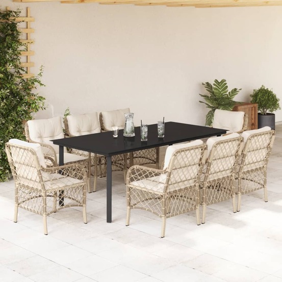 Ensemble à manger de jardin et coussins 9 pcs beige poly rotin