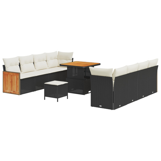Ensemble de sofa de jardin 11 pièces avec coussins noir rattan poly acacia