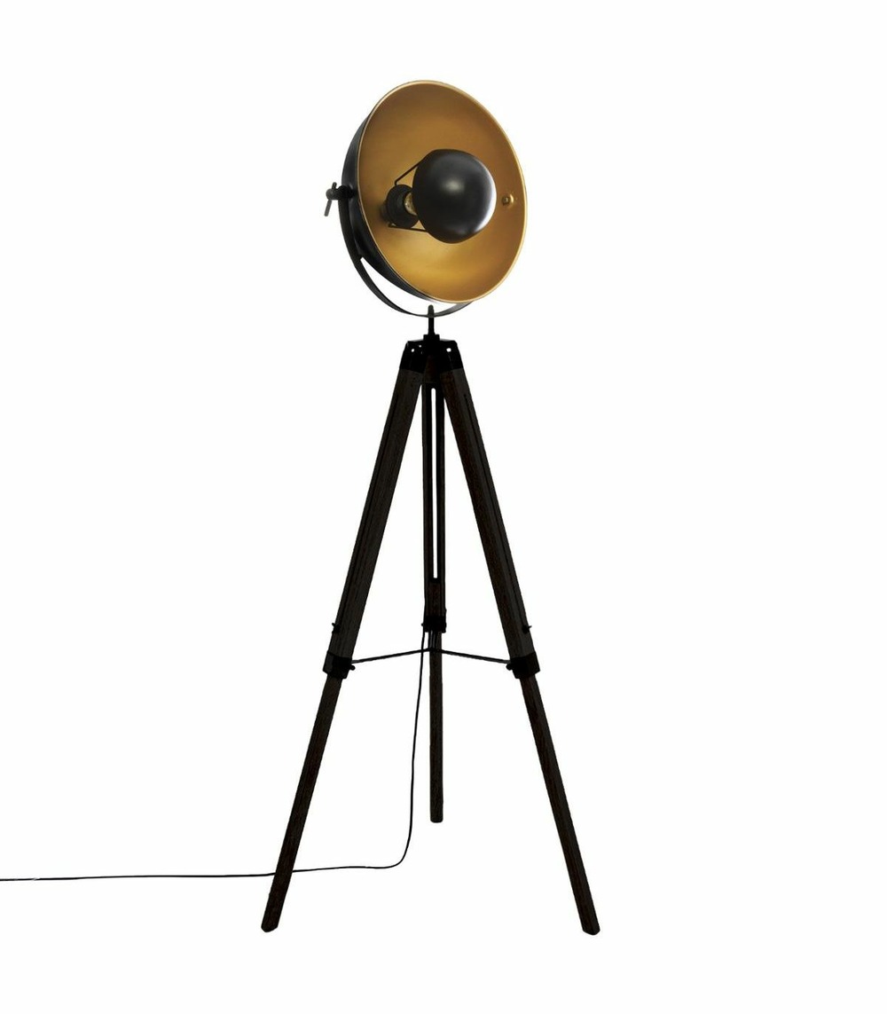 Lampadaire trépied en bois et métal noir et doré h 162 cm