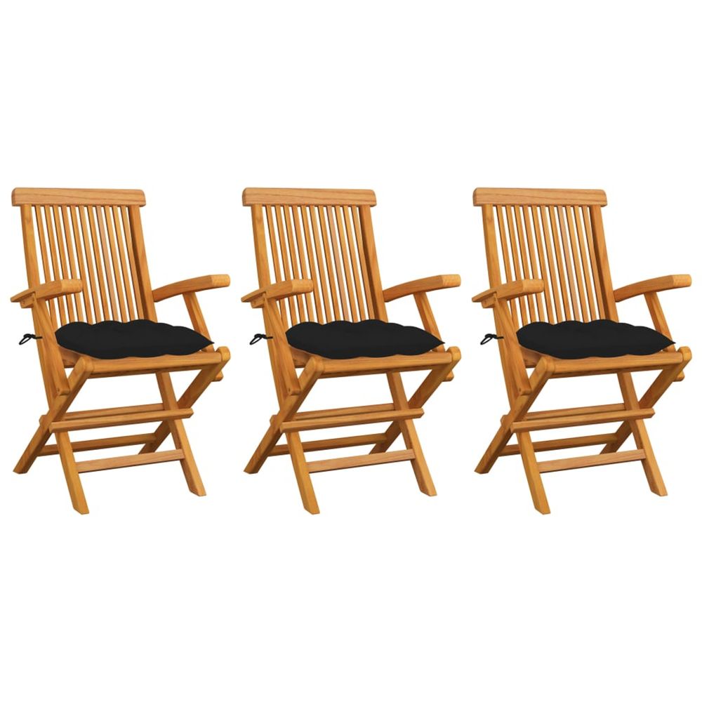 Chaises pliantes avec coussins noirs, 3 pièces, en bois de teck massif