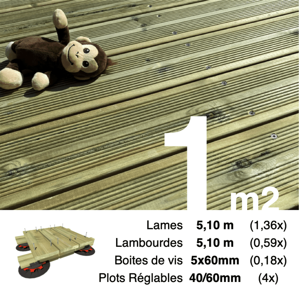 Kit complet terrasse pin autoclave vert pour 1 m², lames 5,1 m, lambourdes 5,1 m, plots réglables et visserie inox.