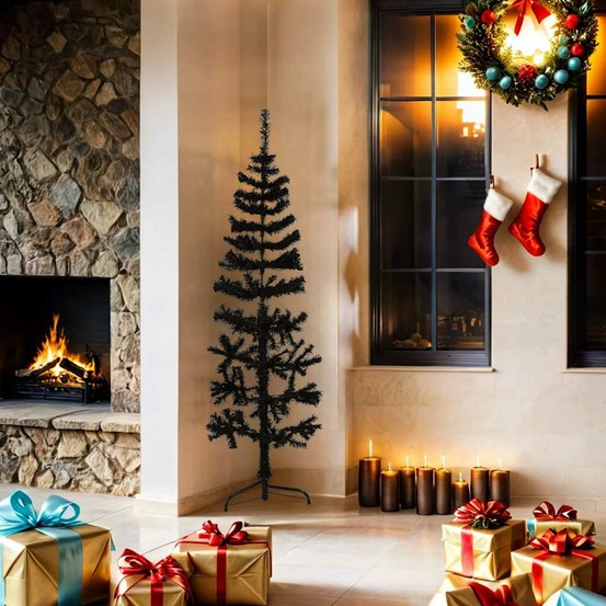 Demi sapin de noël artificiel mince avec support noir 150 cm
