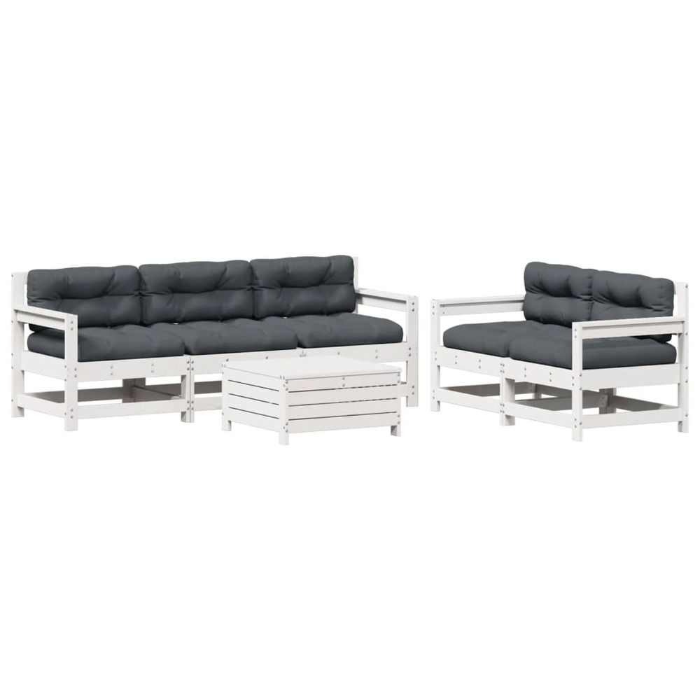 Salon de jardin avec coussins 6 pcs blanc bois de pin massif