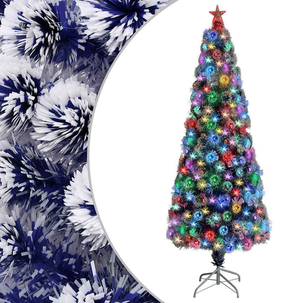 Grand sapin de noël lumineux fibre optique led blanc et bleu 210 cm
