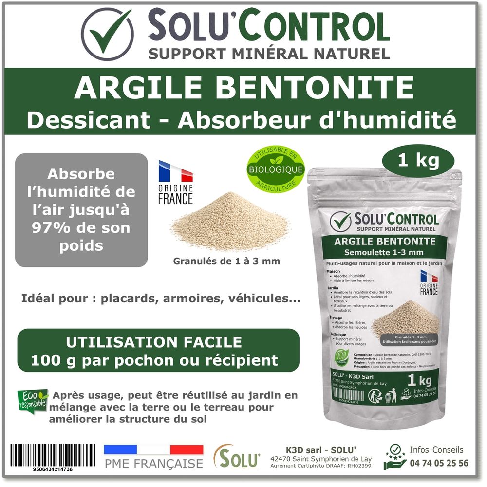 Argile bentonite naturelle - dessicant & absorbeur d’humidité - semoulette 1-3 mm - solu'control - sachet de 1kg