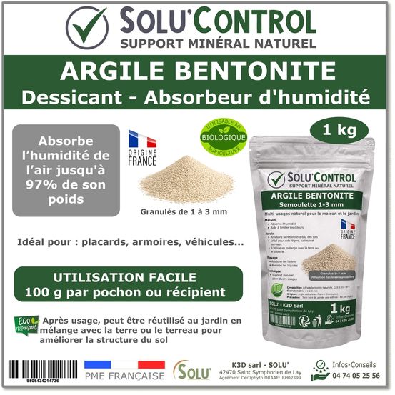 Argile bentonite naturelle - dessicant & absorbeur d’humidité - semoulette 1-3 mm - solu'control - sachet de 1kg