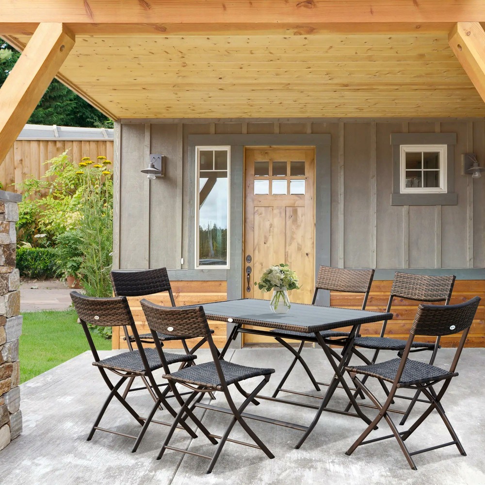 Ensemble salon de jardin 6 personnes grande table rectangulaire pliable + 6 chaises pliantes métal résine tressée ps chocolat