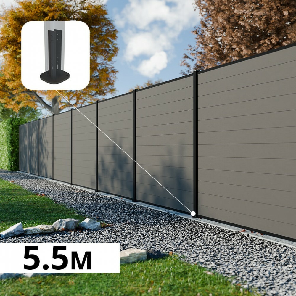 Kit clôture composite rio platines 5,5x1,8m - bois composite & aluminium - poteaux noir sur platines- brise vue - palissade