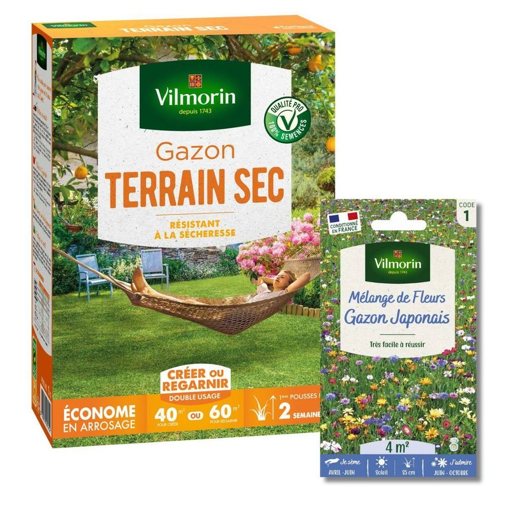 Gazon terrain sec - 1 kg + gazon japonais - 4 m² - mélange de fleurs