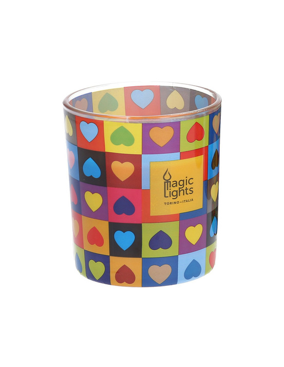 Bougie en verre pop art ø7.5cm h8.4cm coeurs magic lights