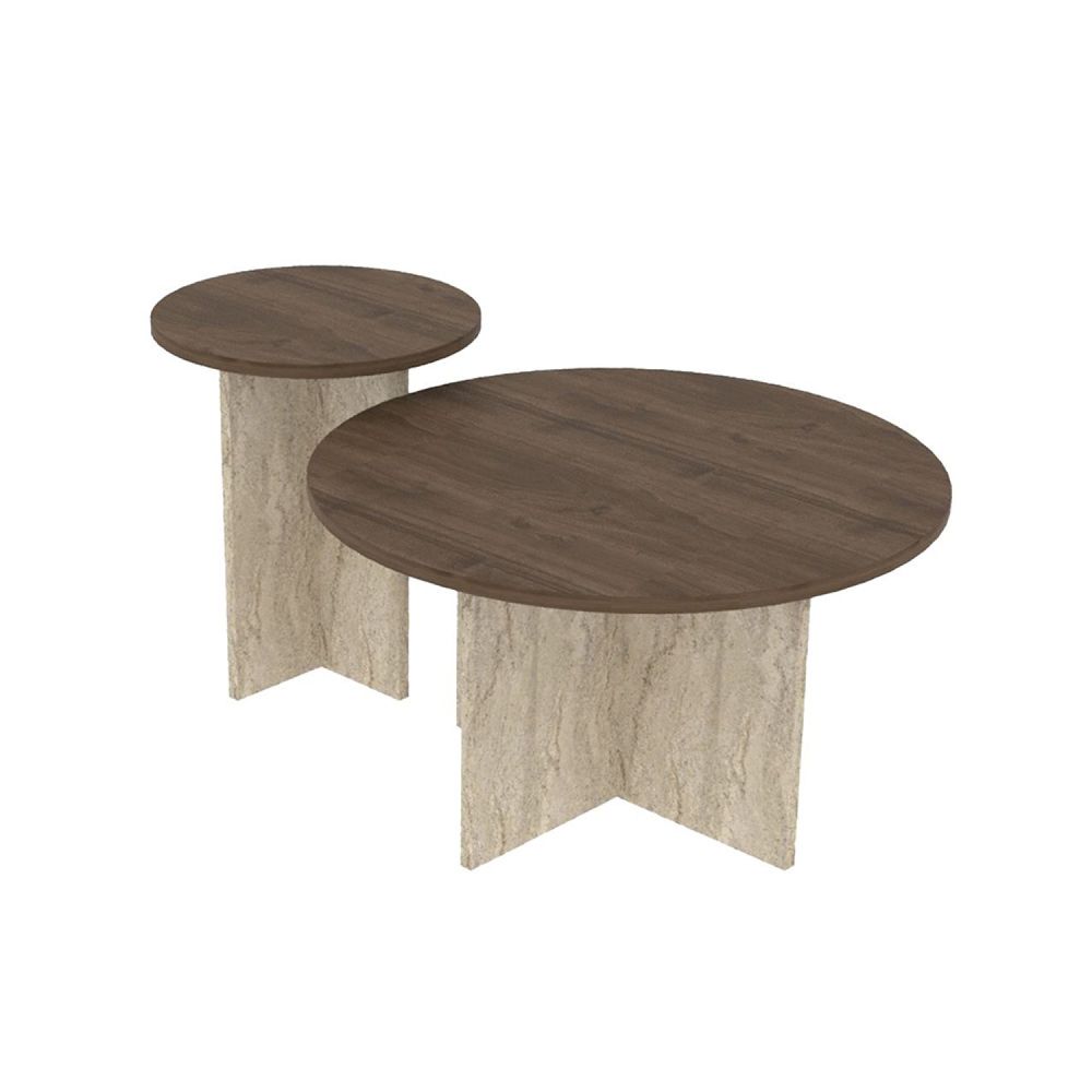 Ensemble de 2 tables basses rondes effet noyer et travertin travi