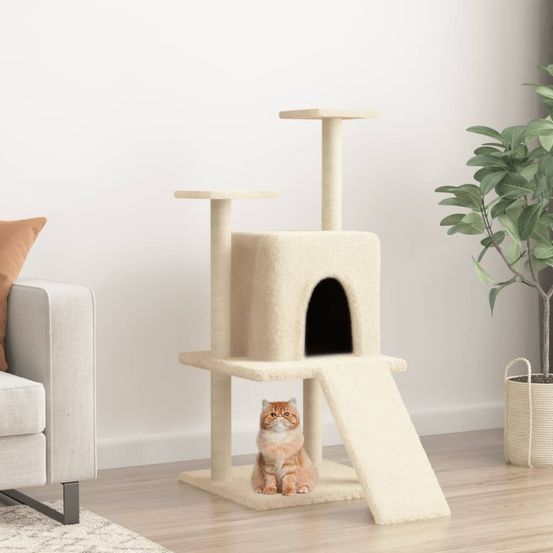 Arbre à chat multi-niveaux peluche et sisal avec niche et échelle crème 110 cm