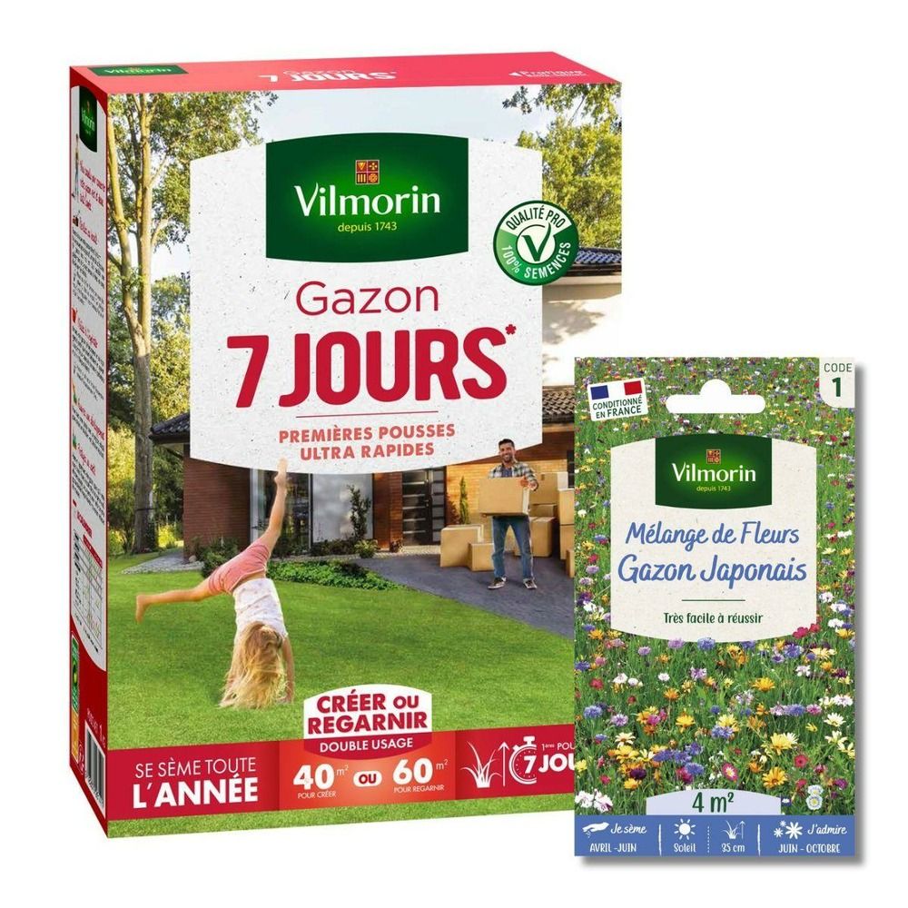Gazon 7 jours - 1 kg + gazon japonais - 4 m² - mélange de fleurs