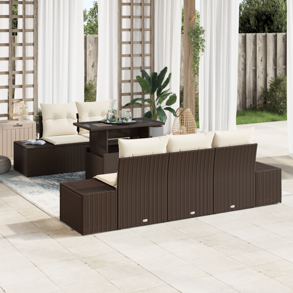Ensemble de canapé de jardin 6 pièces avec coussins marron en poly rattan