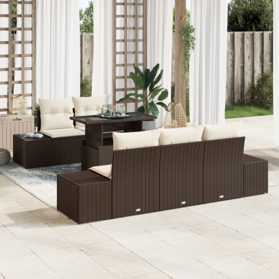 Ensemble de canapé de jardin 6 pièces avec coussins marron en poly rattan