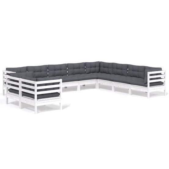 Salon de jardin 10 pcs avec coussins blanc bois de pin massif
