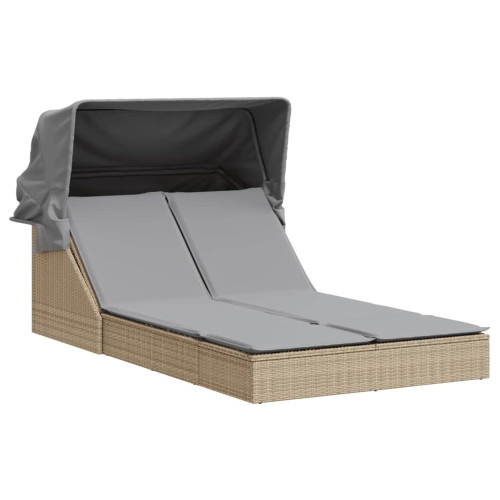 Chaise longue double avec auvent et coussins beige poly rotin bain de soleil