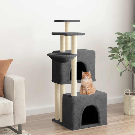 Arbre à chat multi-jeux 122 cm pour plusieurs chats avec 2 niches, panier et griffoirs sisal gris foncé