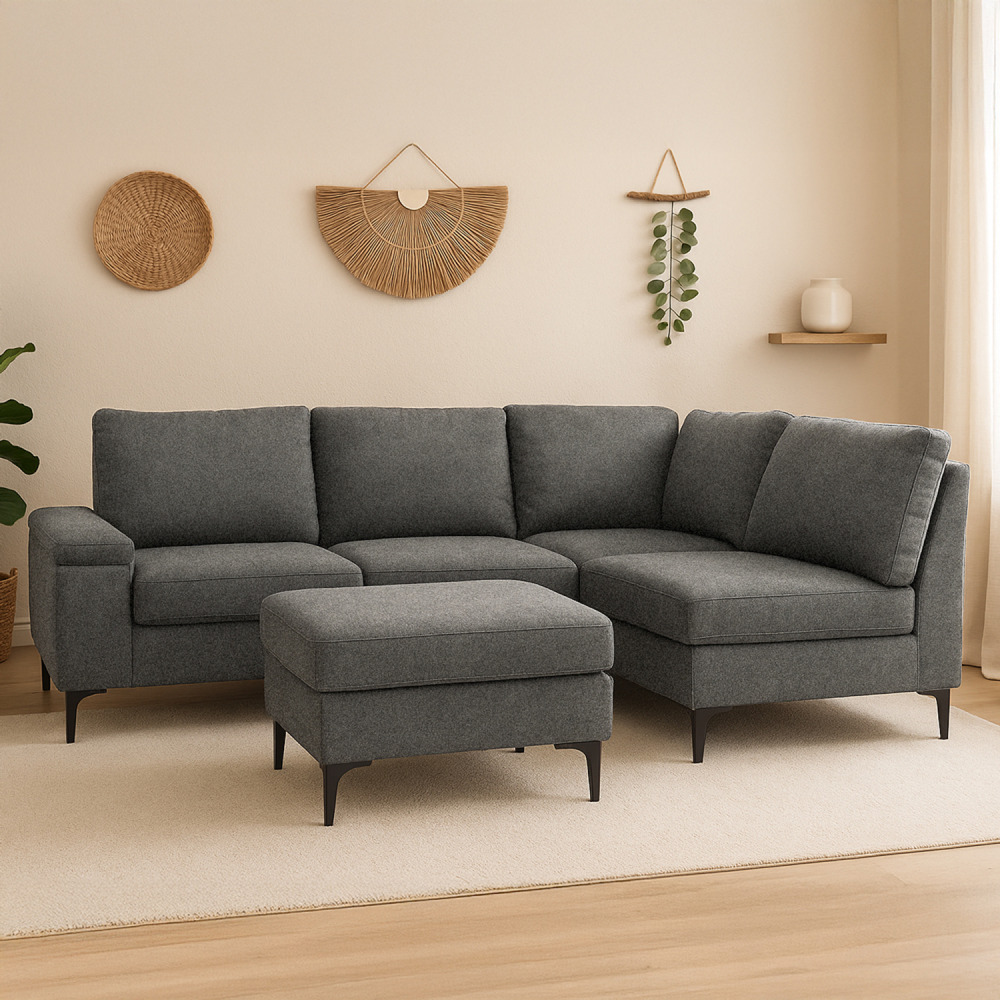 Canapé d'angle 4-5 places en tissu chenille gris anthracite avec pouf colchester