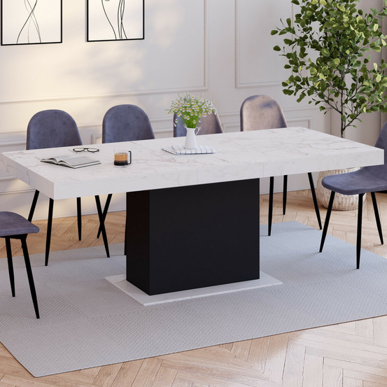 Table à manger extensible rectangle eden 6-10 personnes plateau effet marbre blanc alaska et noir 160-200 cm