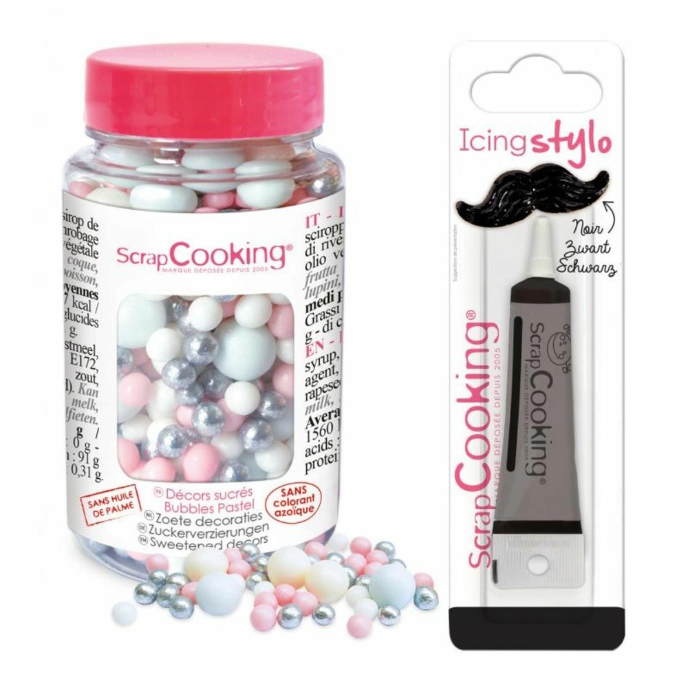 Décors sucrés boules pastel 70 g + stylo de glaçage noir