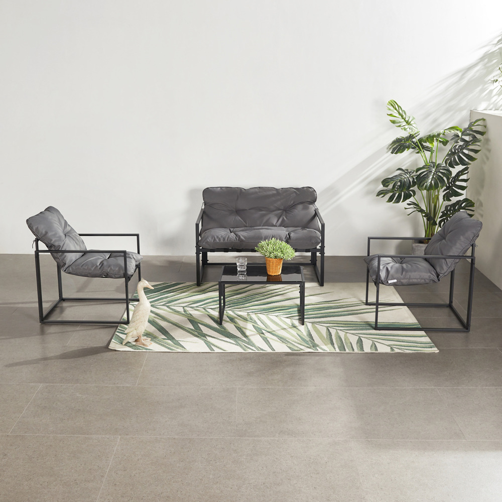 Salon de jardin 4 places contemporain noir et coussins gris rabat