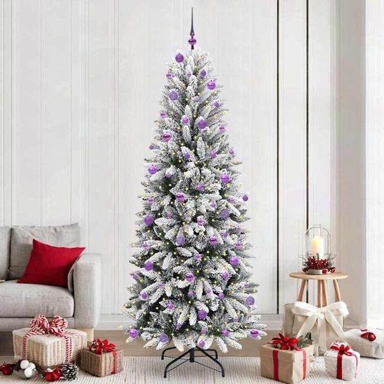 Sapin de noël artificiel 240 cm blanc neige, décoration complète avec 300 led et 120 boules