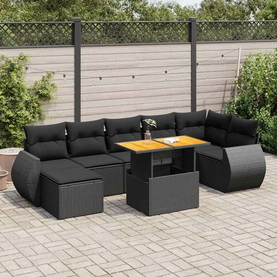 Salon de jardin 8 pcs avec coussins noir résine tressée