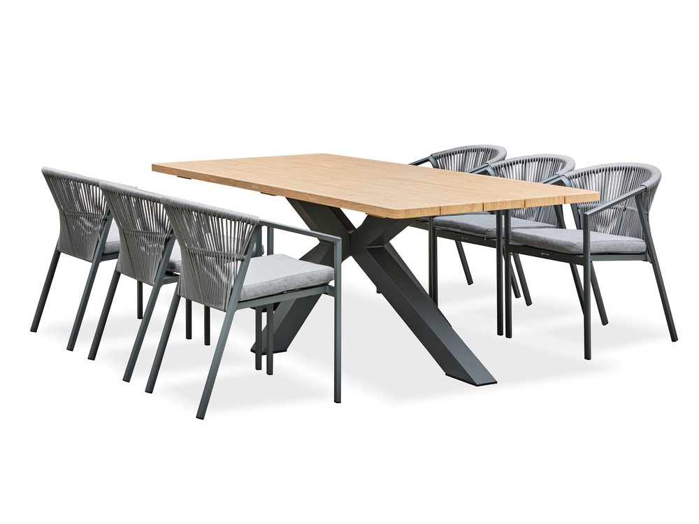 Ensemble table de jardin kelia (220x102 cm) en aluminum et plateau aspect bois et 6 fauteuils gambi - gris anthracite