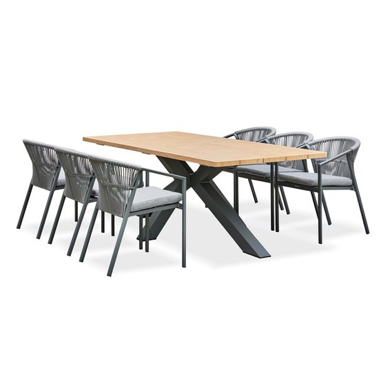 Ensemble table de jardin kelia (220x102 cm) en aluminum et plateau aspect bois et 6 fauteuils gambi - gris anthracite