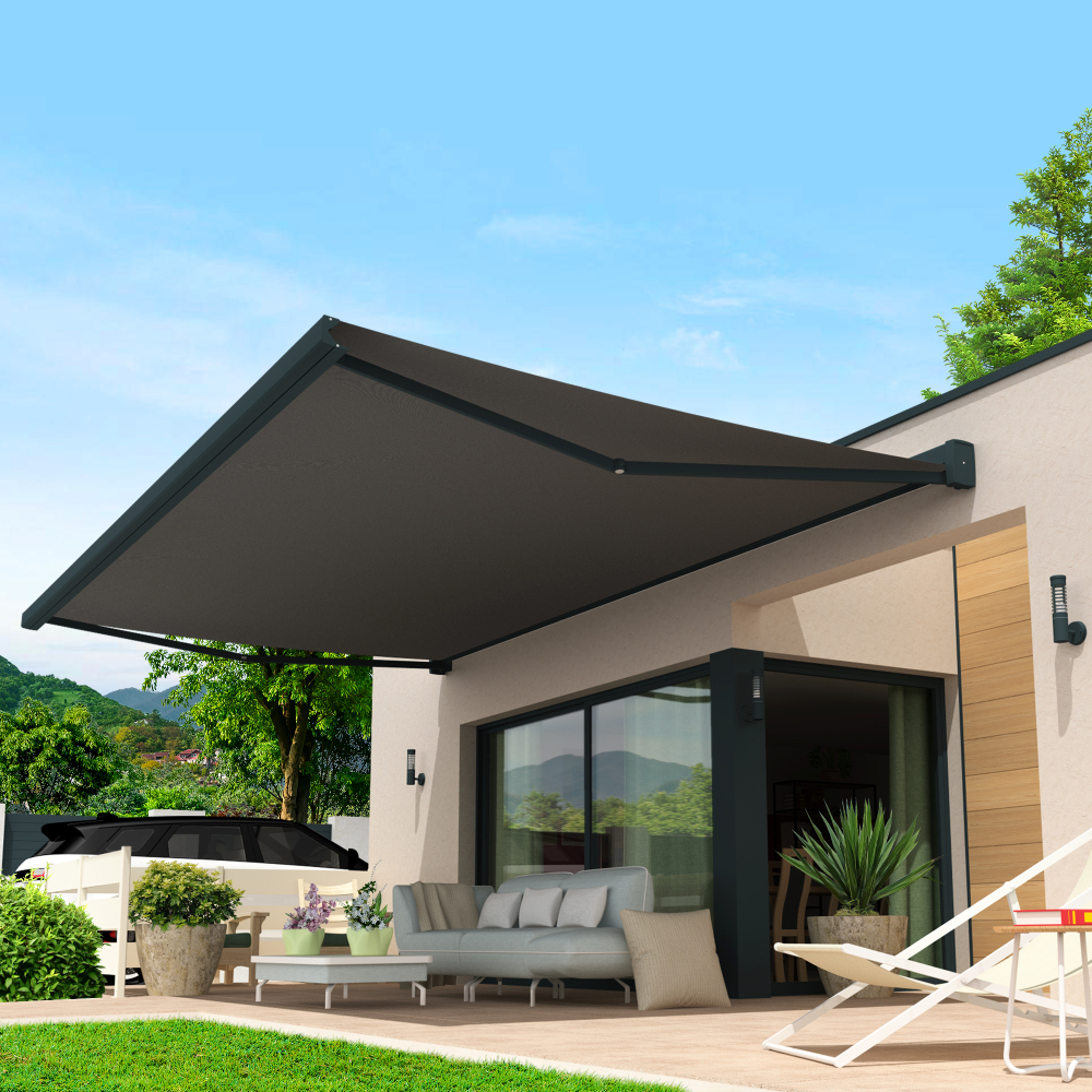 Store banne coffre intégral lebron 4,00x3,50 m (motorisé secours à télécommande + led - gris anthracite ral7016st - gris uni)