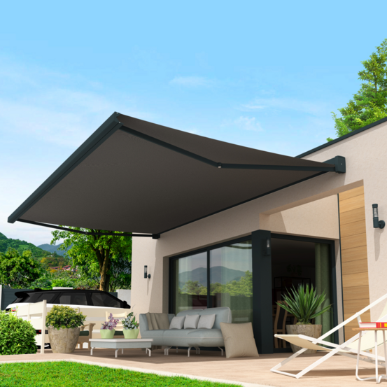 Store banne coffre intégral lebron 4,00x3,50 m (motorisé secours à télécommande + led - gris anthracite ral7016st - gris uni)