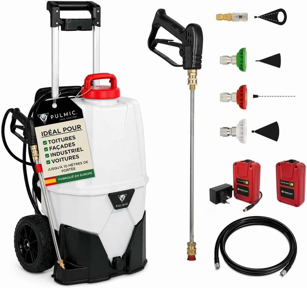 Pulmic Pulvérisateur Électrique Toiture et Façades, Démoussage et Nettoyage, 10 m Portée, 7 Bar, 6 h Autonomie, à Roues Fongicide