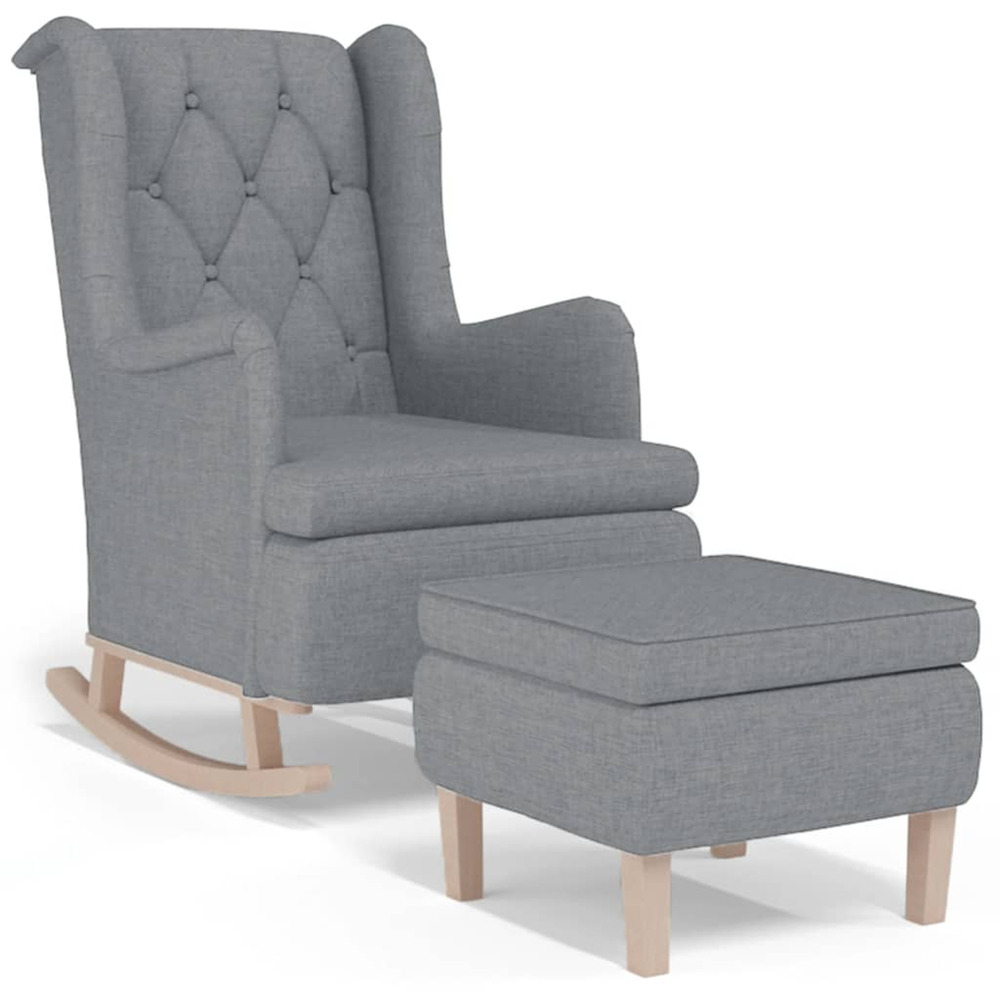 Fauteuil avec pieds à bascule et tabouret gris clair tissu
