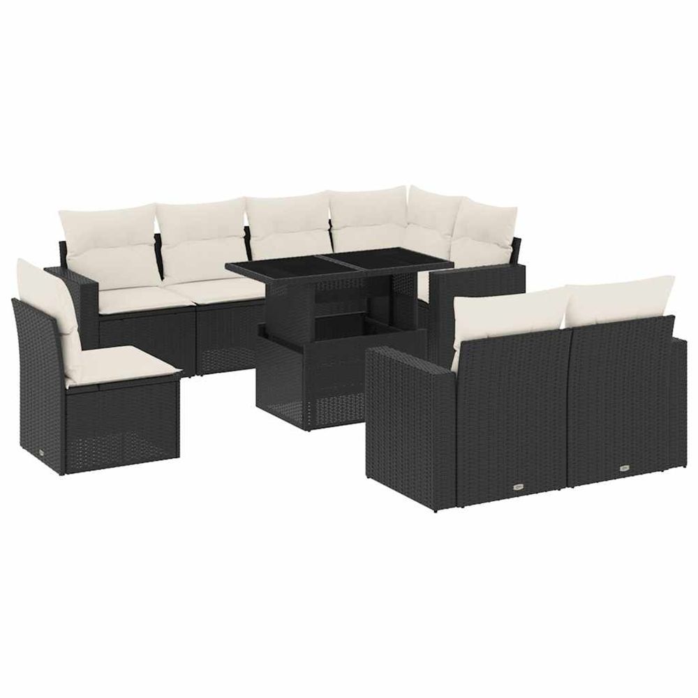 Salon de jardin 9 pcs avec coussins noir résine tressée