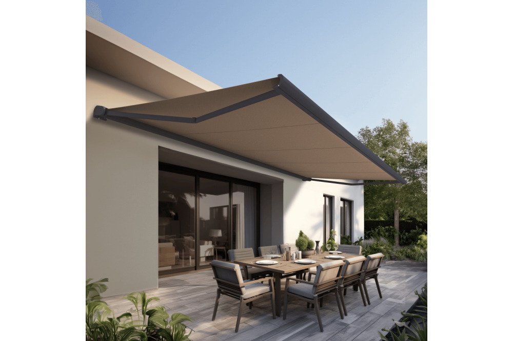 Store banne coffre intégral protect 2 smart gris anthracite 4,05x3,5m motorisé à  télécommande + capteur vent - toile taupe