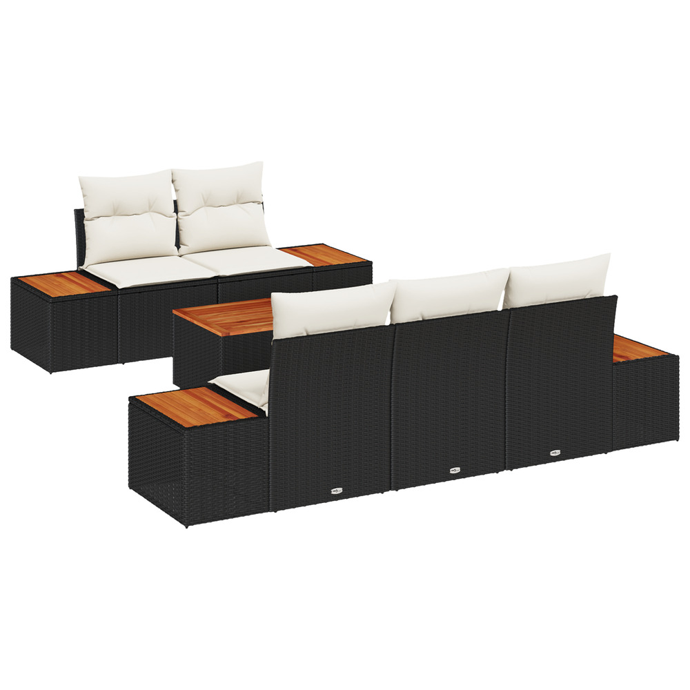 Ensemble de canapés de jardin de 6 pièces avec coussins noir poly rattan acacia