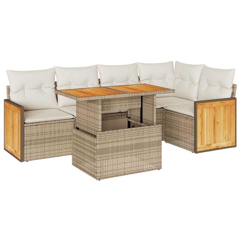 Salon de jardin 6 pcs avec coussins beige résine tressée acacia