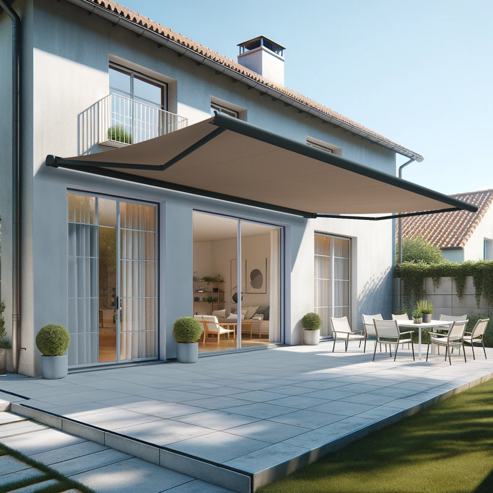 Store banne coffre intégral hevoa 6,00x3,50 m (motorisé secours à télécommande - gris anthracite stucturé ral7016st - taupe)