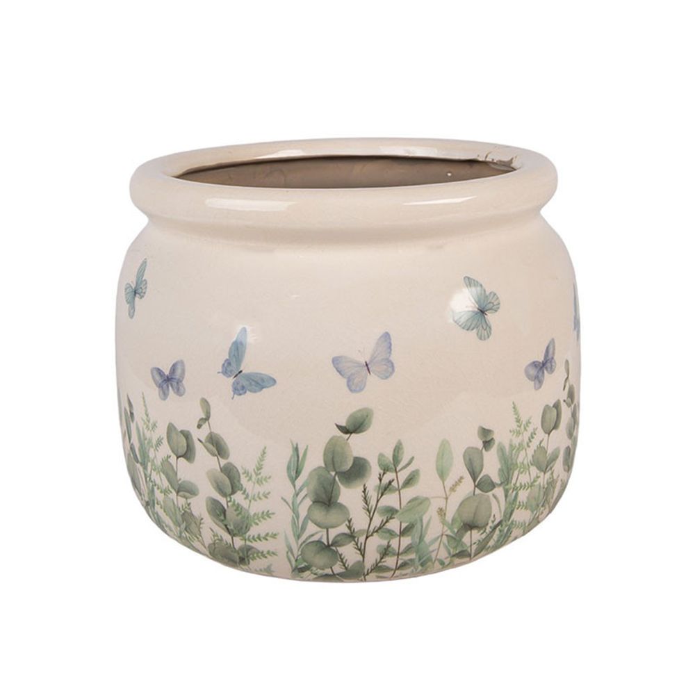 Pot de fleurs rond beige céramique papillons 20x15cm
