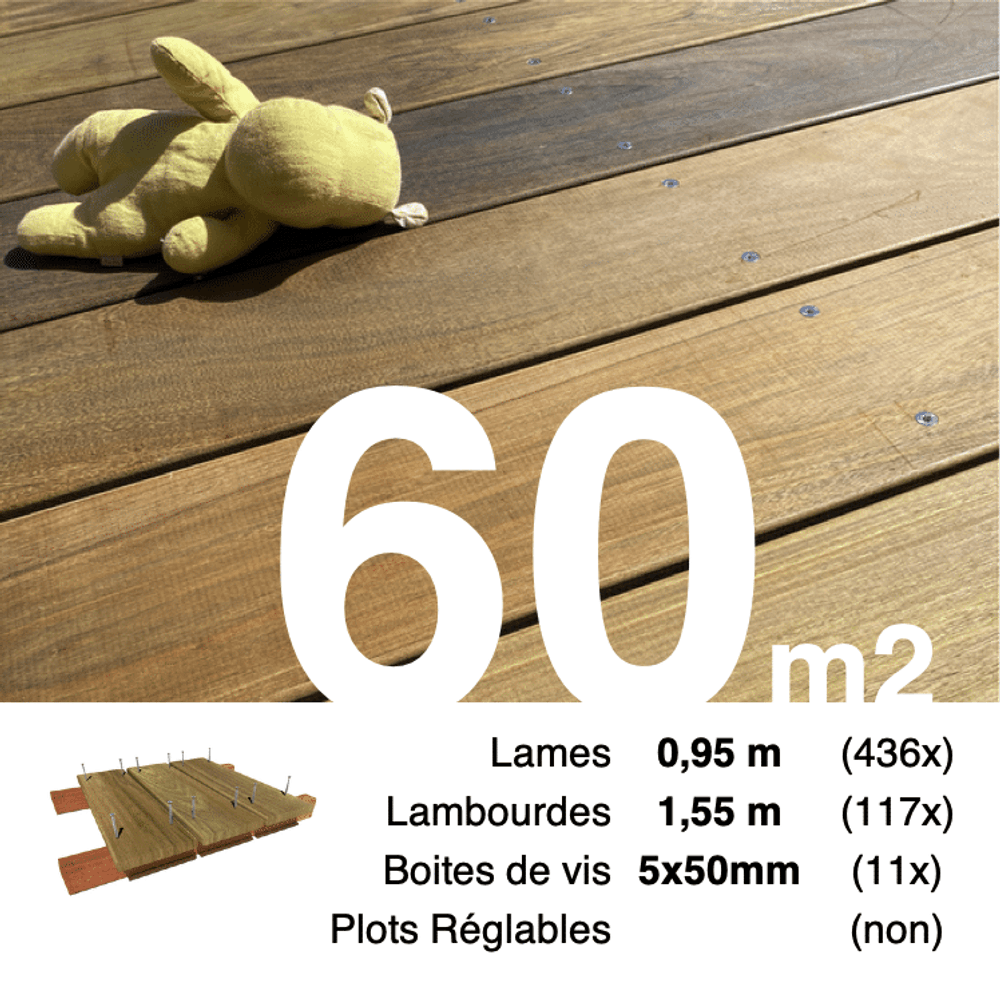 Kit terrasse bois exotique ipe pour 60 m², lames 0,95 m, lambourdes 1,55 m et visserie inox.