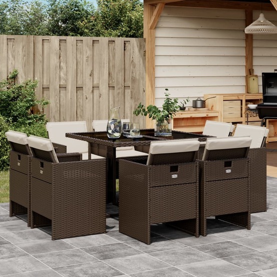 Ensemble à manger de jardin et coussins 9 pcs marron poly rotin