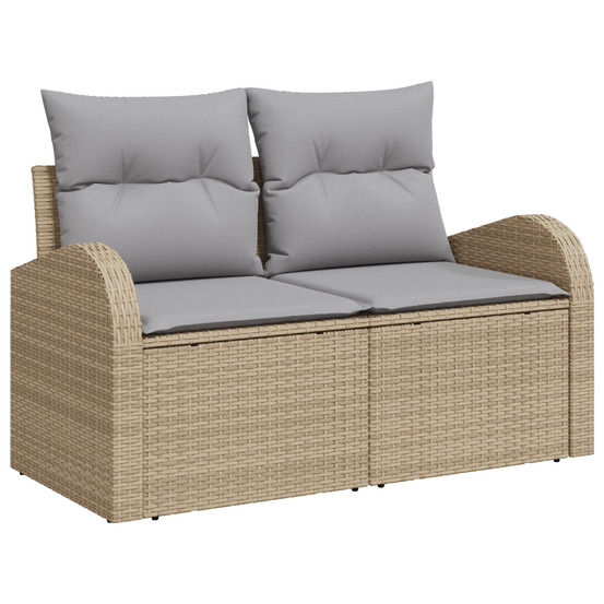 Canapé de jardin 2 places avec rangement et coussins beige poly rattan