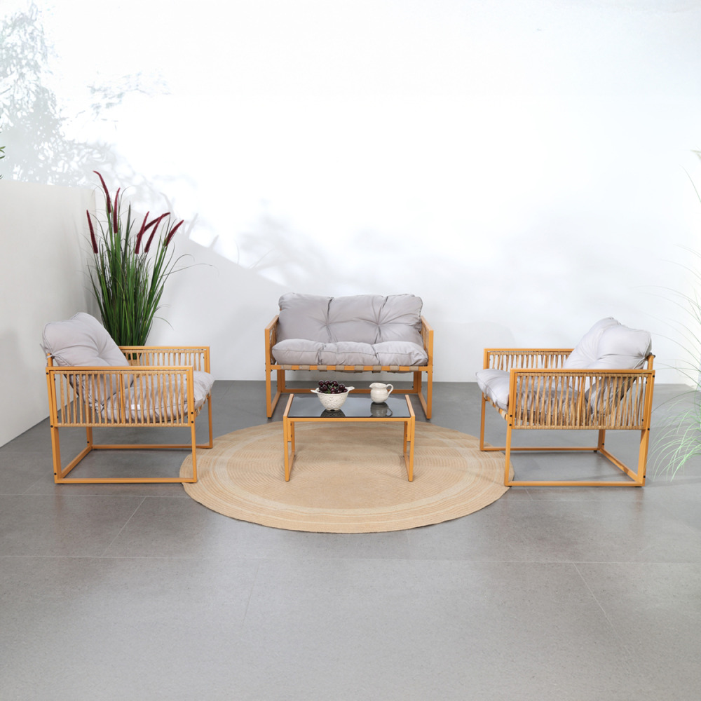 Salon de jardin 4 places effet rotin coussins gris clair turini