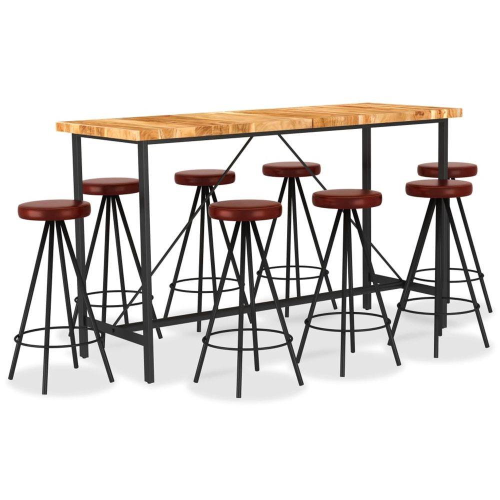 Ensemble de bar 9 pcs bois d'acacia solide et cuir véritable