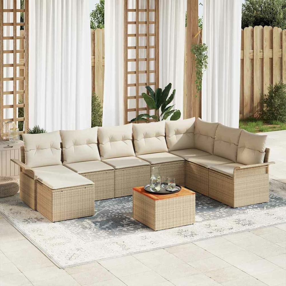 Ensemble de canapé de jardin avec coussin 9 pcs beige polyrotin
