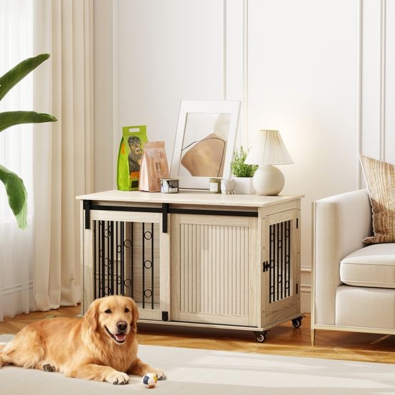 Cage pour chien en bois et acier style meuble à roulettes 100x56x65cm chêne